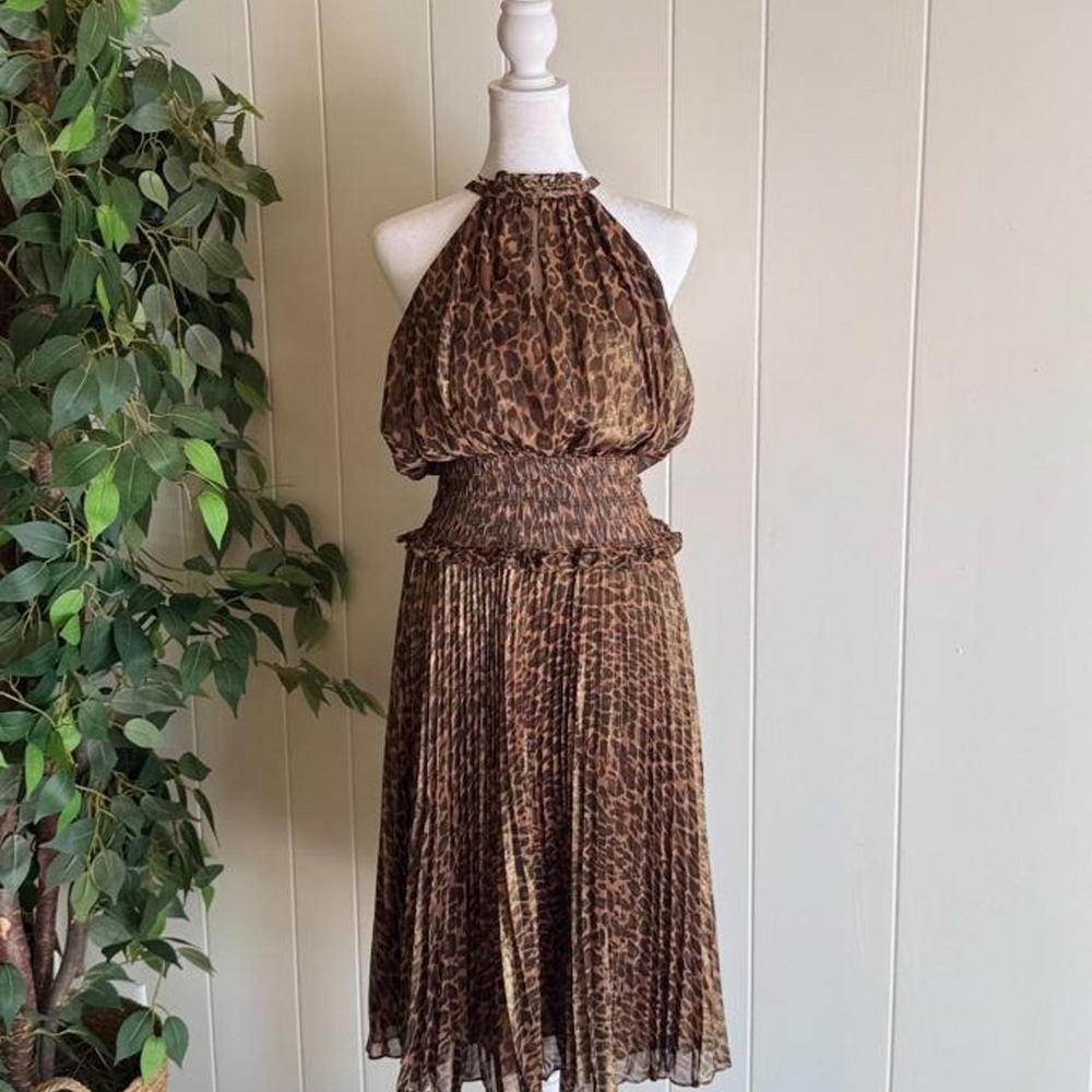 BCBG Maxazria Brown Leopard Print Halter Neck Midi Dress with Pleated Skirt